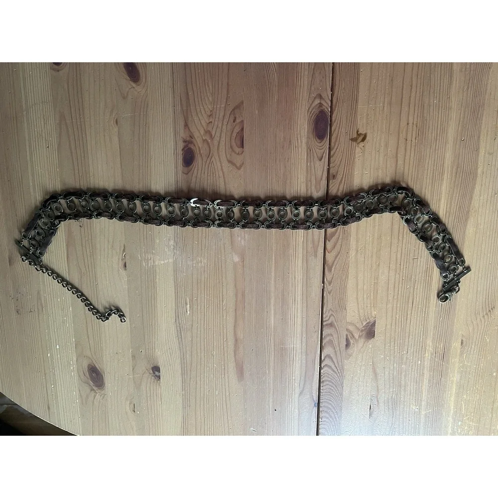 Vintage Brass & Brown Leather Chain Belt Adjustable Boho Hippie Festival 38